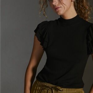 T.La for Anthropologie Black Ruffle Sleeve Mock Neck Knot Top